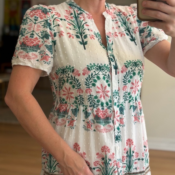 Anthropologie Kindred Size Medium White Green Pink Embroidered Floral Midi Dress - Picture 7 of 16